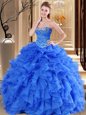 Sleeveless Tulle Floor Length Lace Up Quinceanera Gowns in Royal Blue for with Beading and Ruffles