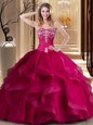 Great Coral Red Ball Gowns Organza Sweetheart Sleeveless Embroidery and Ruffles Floor Length Lace Up Quince Ball Gowns