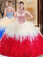 Amazing White And Red Halter Top Lace Up Beading and Ruffles Quinceanera Gowns Sleeveless