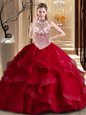 Halter Top With Train Ball Gowns Sleeveless Wine Red Quinceanera Dresses Brush Train Lace Up