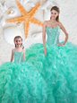 Turquoise Sleeveless Beading and Ruffles Floor Length Quinceanera Gown