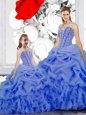 Pretty Straps Pick Ups Blue Sleeveless Organza Lace Up Quince Ball Gowns for Military Ball and Sweet 16 and Quinceanera