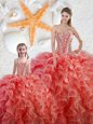 Sleeveless Organza Floor Length Lace Up Vestidos de Quinceanera in Coral Red for with Beading and Ruffles