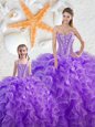 Smart Sleeveless Floor Length Beading and Ruffles Lace Up Quinceanera Dress with Purple