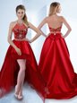 Graceful Halter Top Sleeveless Dress Like A Star High Low Beading Red Satin