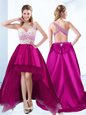 Dynamic Fuchsia Ball Gowns Beading Prom Dress Criss Cross Satin Sleeveless High Low