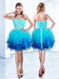 Fantastic Blue Lace Up Prom Dresses Beading and Ruffles and Ruching Sleeveless Knee Length