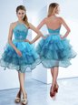 Hot Sale Halter Top Baby Blue Zipper Prom Dresses Beading and Ruffled Layers Sleeveless Tea Length