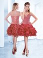 Sleeveless Mini Length Beading and Ruffles and Pick Ups Lace Up Prom Dresses with Coral Red