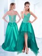 Super Sleeveless High Low Beading Lace Up Evening Outfits with Turquoise