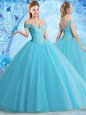 Trendy Floor Length Aqua Blue Quinceanera Gown Off The Shoulder Sleeveless Lace Up