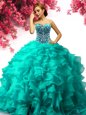 Turquoise Ball Gowns Organza Sweetheart Sleeveless Beading and Ruffles Floor Length Lace Up Sweet 16 Dress