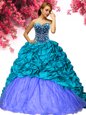 Cheap Sleeveless Taffeta Brush Train Lace Up 15th Birthday Dress in Teal for with Beading and Pick Ups
