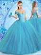 Teal Ball Gowns Off The Shoulder Sleeveless Tulle With Brush Train Lace Up Beading Quinceanera Dresses