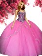 Hot Pink Ball Gowns Beading Sweet 16 Dresses Lace Up Tulle Sleeveless Floor Length