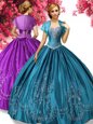 Floor Length Lace Up Ball Gown Prom Dress Teal and In for Military Ball and Sweet 16 and Quinceanera with Beading and Embroidery