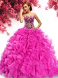 Glorious Hot Pink Organza Lace Up Sweet 16 Quinceanera Dress Sleeveless Sweep Train Beading and Ruffles