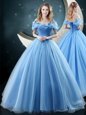 Brush Train Ball Gowns Quinceanera Gowns Baby Blue Off The Shoulder Organza Sleeveless With Train Lace Up