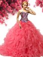 Coral Red Quince Ball Gowns Military Ball and Sweet 16 and Quinceanera and For with Beading and Ruffles Sweetheart Sleeveless Brush Train Lace Up