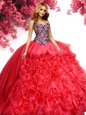 Inexpensive Sleeveless Organza Floor Length Lace Up Ball Gown Prom Dress in Red for with Beading and Ruffles