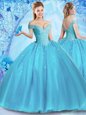 Off The Shoulder Sleeveless Lace Up Quinceanera Gown Baby Blue Tulle