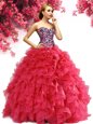 Hot Sale Red Organza Lace Up Sweetheart Sleeveless Floor Length 15 Quinceanera Dress Beading and Ruffles