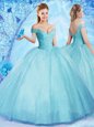 Super Off the Shoulder Aqua Blue Lace Up Sweet 16 Dress Beading Sleeveless Floor Length