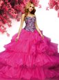 Ruffled Floor Length Ball Gowns Sleeveless Fuchsia Quinceanera Gown Lace Up