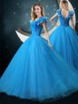 Glittering Cap Sleeves Lace Up Floor Length Appliques Sweet 16 Quinceanera Dress