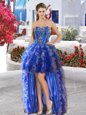 Royal Blue Ball Gowns Organza Sweetheart Sleeveless Appliques and Ruffles High Low Lace Up Prom Party Dress