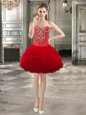 Superior Red Tulle Lace Up Prom Party Dress Sleeveless Mini Length Beading and Ruffles