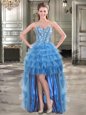 Deluxe Sleeveless Organza High Low Lace Up Formal Evening Gowns in Blue for with Beading and Ruffled Layers