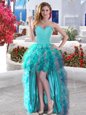 Graceful High Low Aqua Blue Prom Party Dress Organza Sleeveless Beading and Ruffles