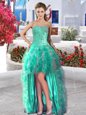 Classical Turquoise Lace Up Prom Evening Gown Beading and Ruffles Sleeveless High Low