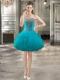 Teal Ball Gowns Beading and Ruffles Prom Gown Lace Up Tulle Sleeveless Mini Length