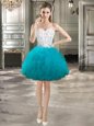 Teal Ball Gowns Tulle Sweetheart Sleeveless Beading and Ruffles Mini Length Lace Up Dress for Prom