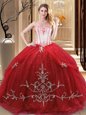 Sweet Red Lace Up Strapless Embroidery Vestidos de Quinceanera Tulle Sleeveless