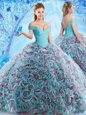 Off the Shoulder Backless Multi-color Sleeveless Court Train Beading and Appliques and Ruffles Sweet 16 Dress