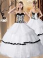 Deluxe Sleeveless Floor Length Embroidery and Ruffled Layers Lace Up Vestidos de Quinceanera with White