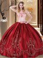 Comfortable Strapless Sleeveless Quince Ball Gowns Floor Length Embroidery Wine Red Taffeta