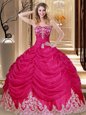 Sleeveless Tulle Floor Length Lace Up Sweet 16 Dress in Hot Pink for with Appliques and Embroidery and Pick Ups