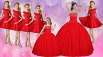 Glorious Floor Length Red Quinceanera Dress Tulle Sleeveless Beading