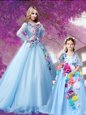 Glittering Baby Blue Lace Up V-neck Beading and Hand Made Flower Ball Gown Prom Dress Organza Long Sleeves Sweep Train