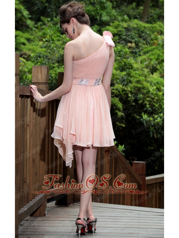 Light Pink Empire One Shoulder Mini-length Chiffon Beading Prom / Homecoming Dress