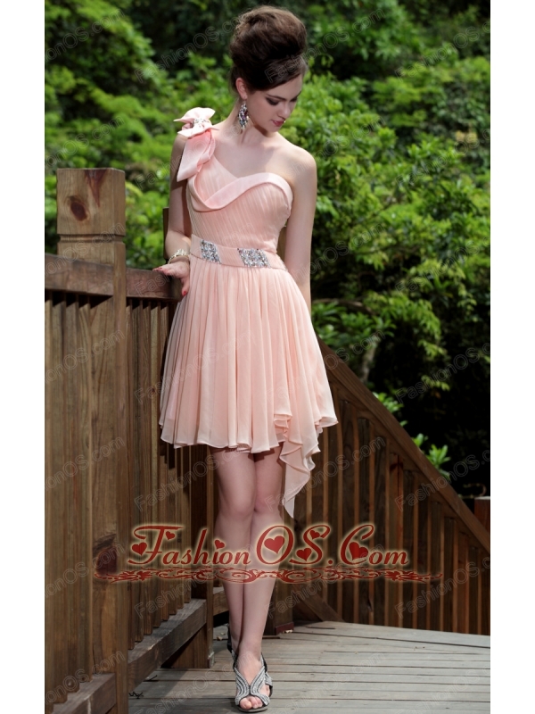 Light Pink Empire One Shoulder Mini-length Chiffon Beading Prom / Homecoming Dress