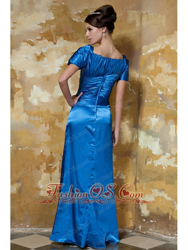 Blue Empire Sweetheart Short Sleeves Floor-length Elastic Woven Satin Beading Mother Of The Bride Dress