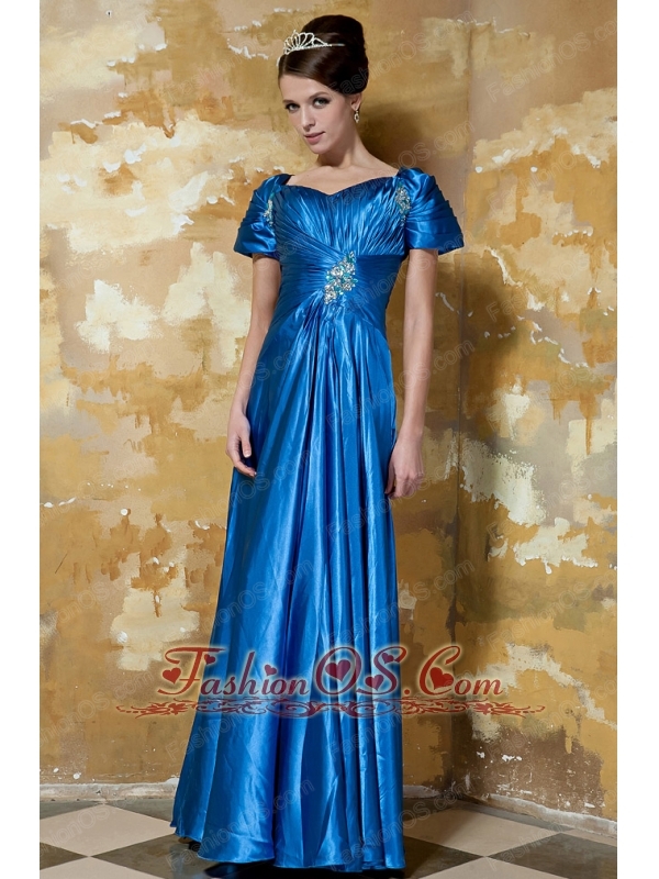Blue Empire Sweetheart Short Sleeves Floor-length Elastic Woven Satin Beading Mother Of The Bride Dress