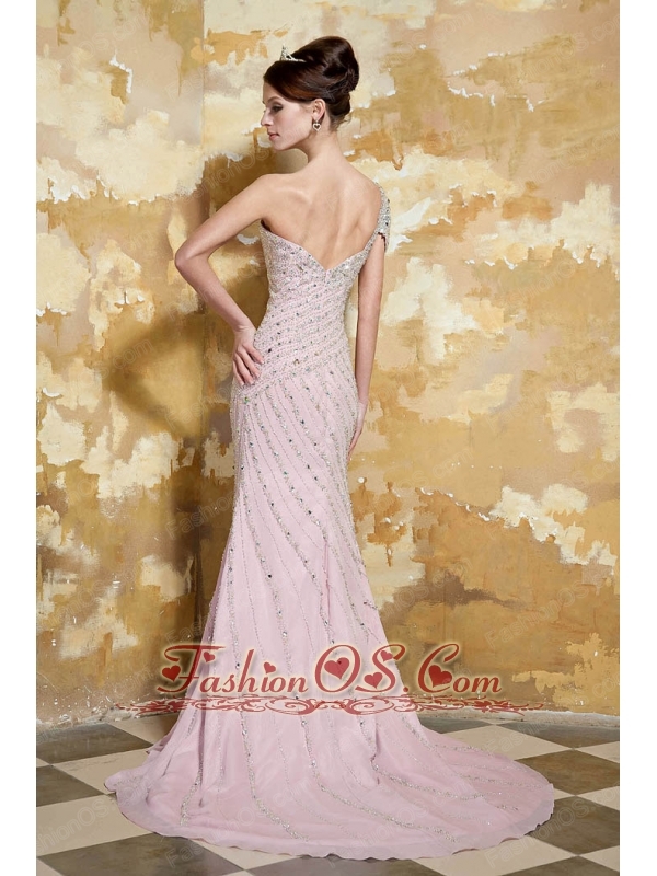 Baby Pink Column One Shoulder Court Train Chiffon Beading Prom / Evening Dress
