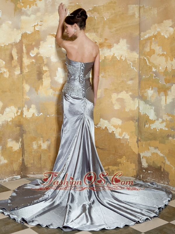 Grey Column Strapless Court Train Elastic Woven Satin Beaing and Ruch Prom / Evening Dress