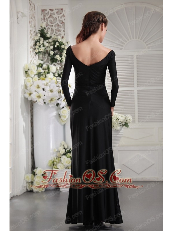 Black Column V-neck Long Sleeves Floor-length Taffeta Ruch Mother of the Bride Dress